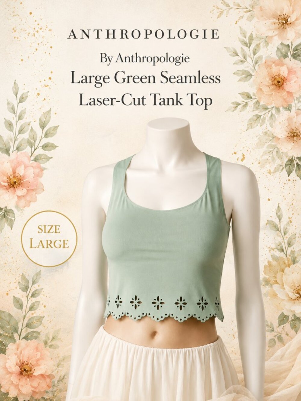 Anthropologie Laser Cut Tank Top Green Seamless Crop Womens Large NWT Chic